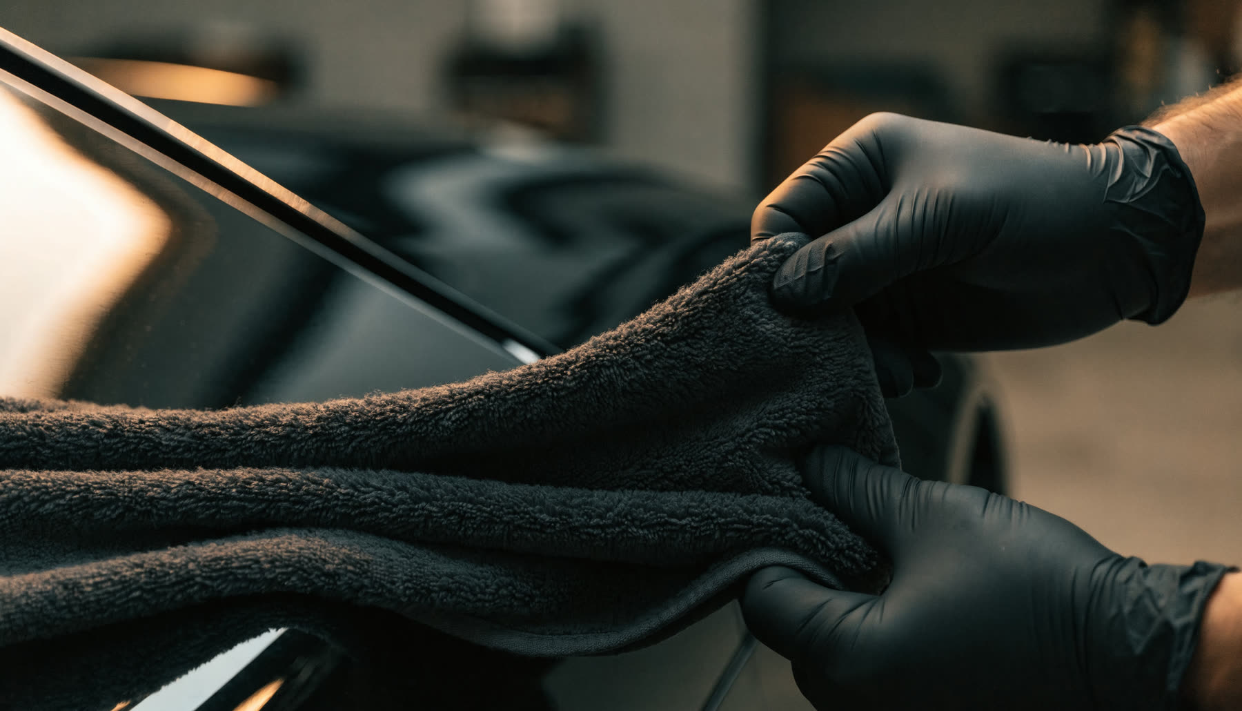 Gloved hands folding a plush microfibre towel across a glossy black car panel in warm side light