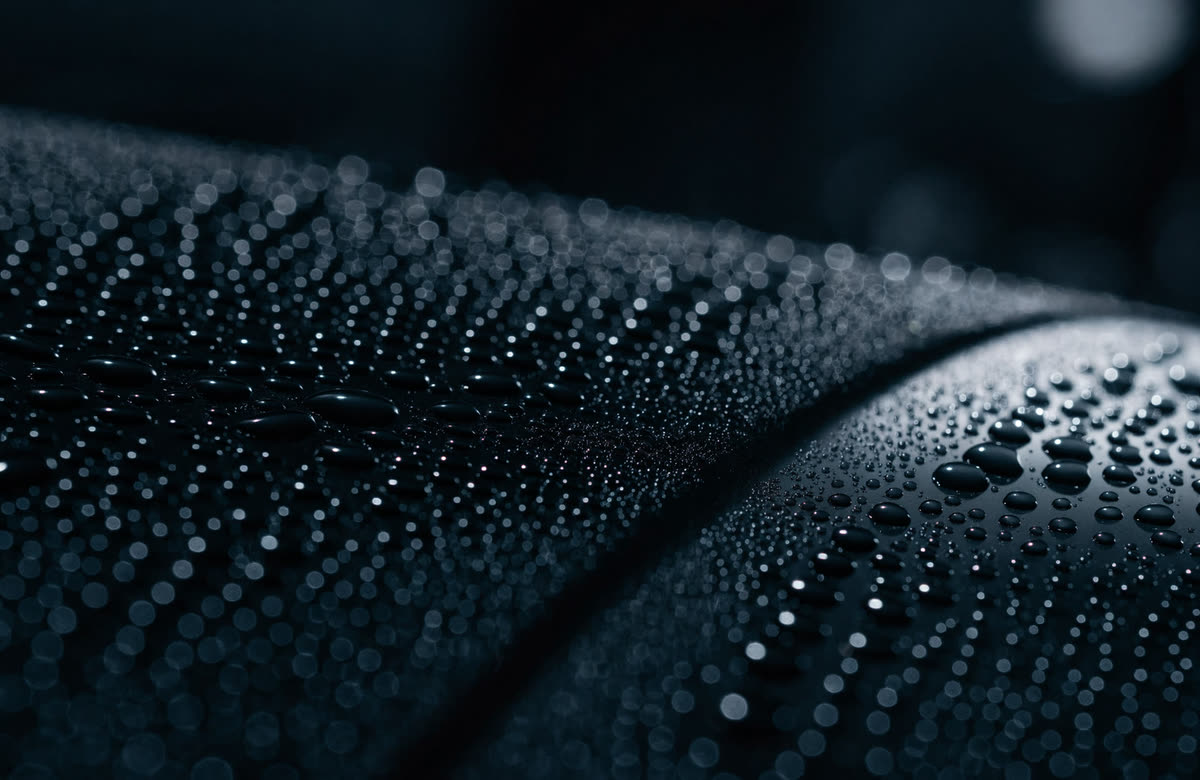 Tight water beads standing on deep black ceramic-sealed paint, showing a hydrophobic finish