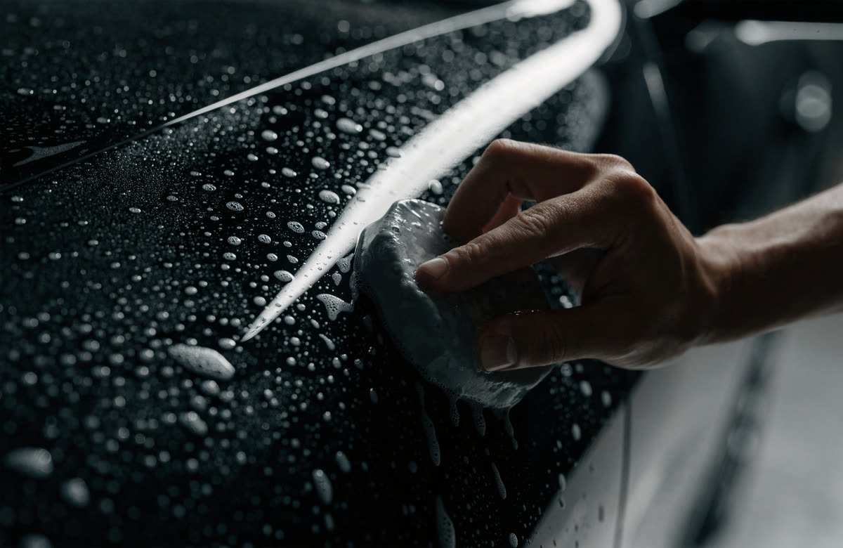 A clay bar being worked across a wet, soapy black car panel to lift bonded contaminants