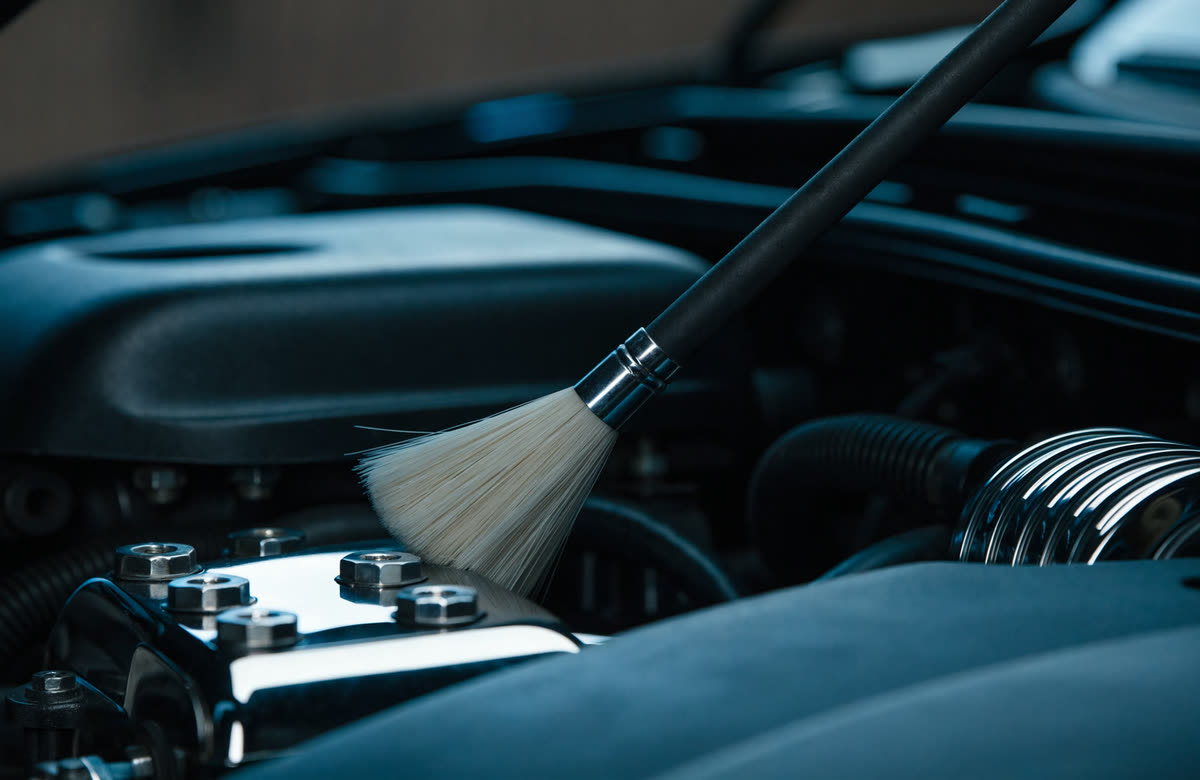 A soft detailing brush cleaning components inside a spotless engine bay