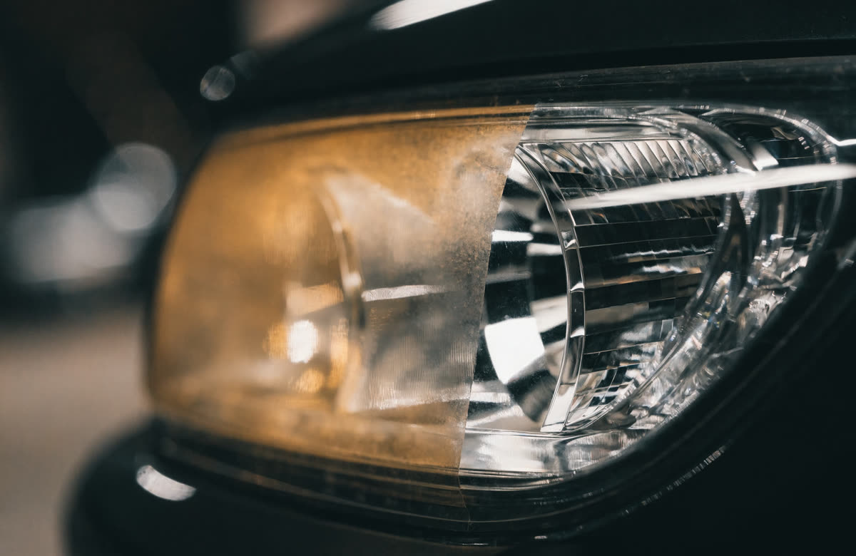 Close-up of a headlight mid-restoration, one half still cloudy and yellowed, the other polished clear