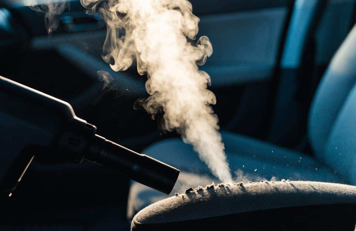 A steam cleaner releasing a plume of steam onto a fabric car seat during a deep interior clean